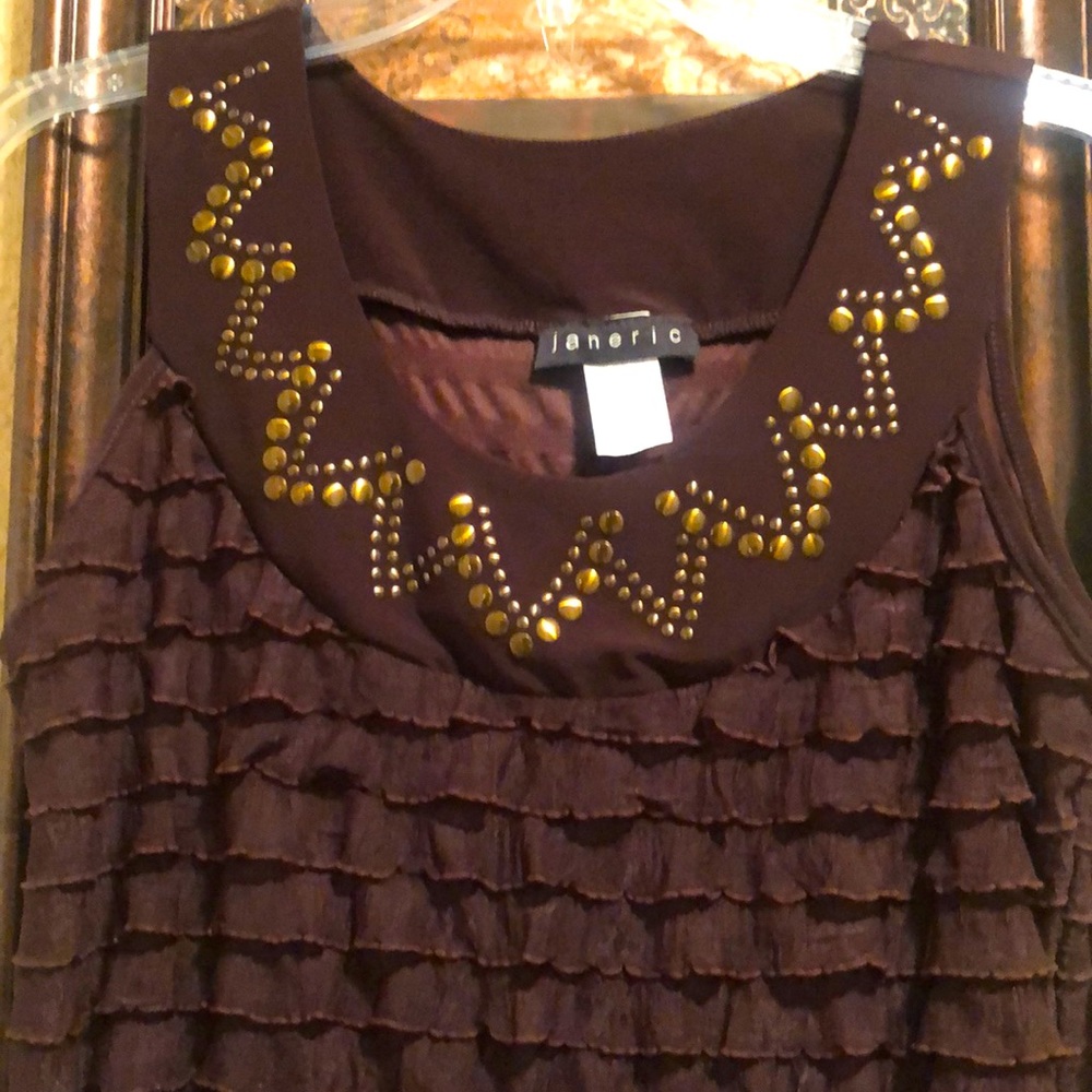 NWOT Janeric brand Dressy ruffles top.  Bronze metal embellishment.  Romantic